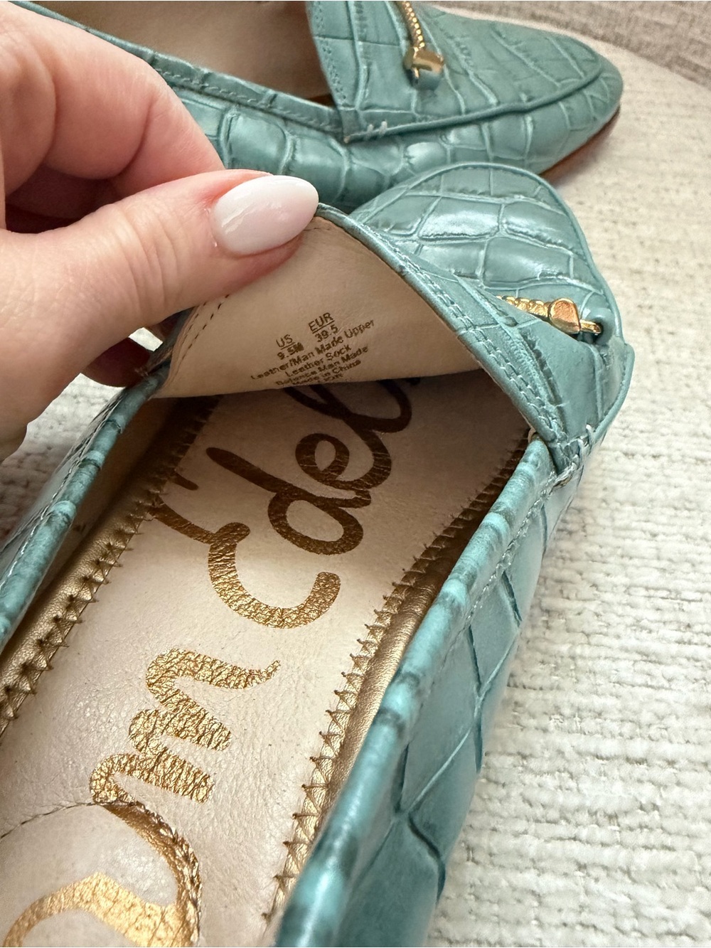 Sam Edelman Women's Croc-Embossed Loafers in Light Teal with Gold Bit - Picture 3 of 6
